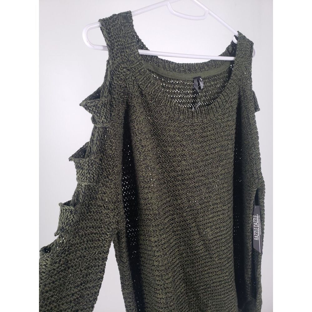NEW Razzle‎ Dazzle Cold Shoulder Forest Green Half Sleeve Open Knit Sweater Sz M